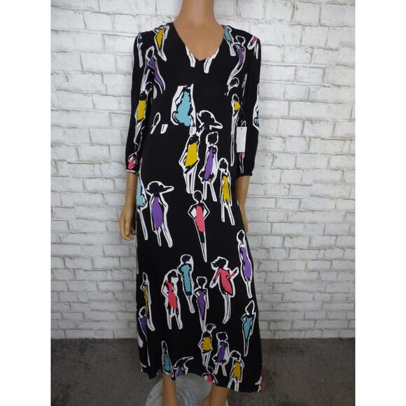 $725 Boutique Moschino Black Multi Print Crepe Midi Vneck Dress 38 US 4 NWT - Picture 3 of 16